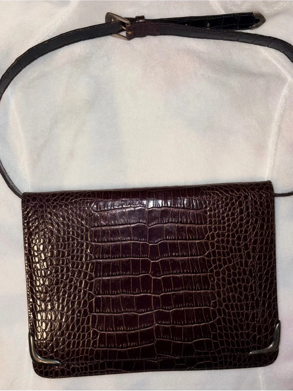 RALPH LAUREN BROWN ALLIGATOR PRINT Ltr .925 STERLING SILVER HARDWARE HANDBAG